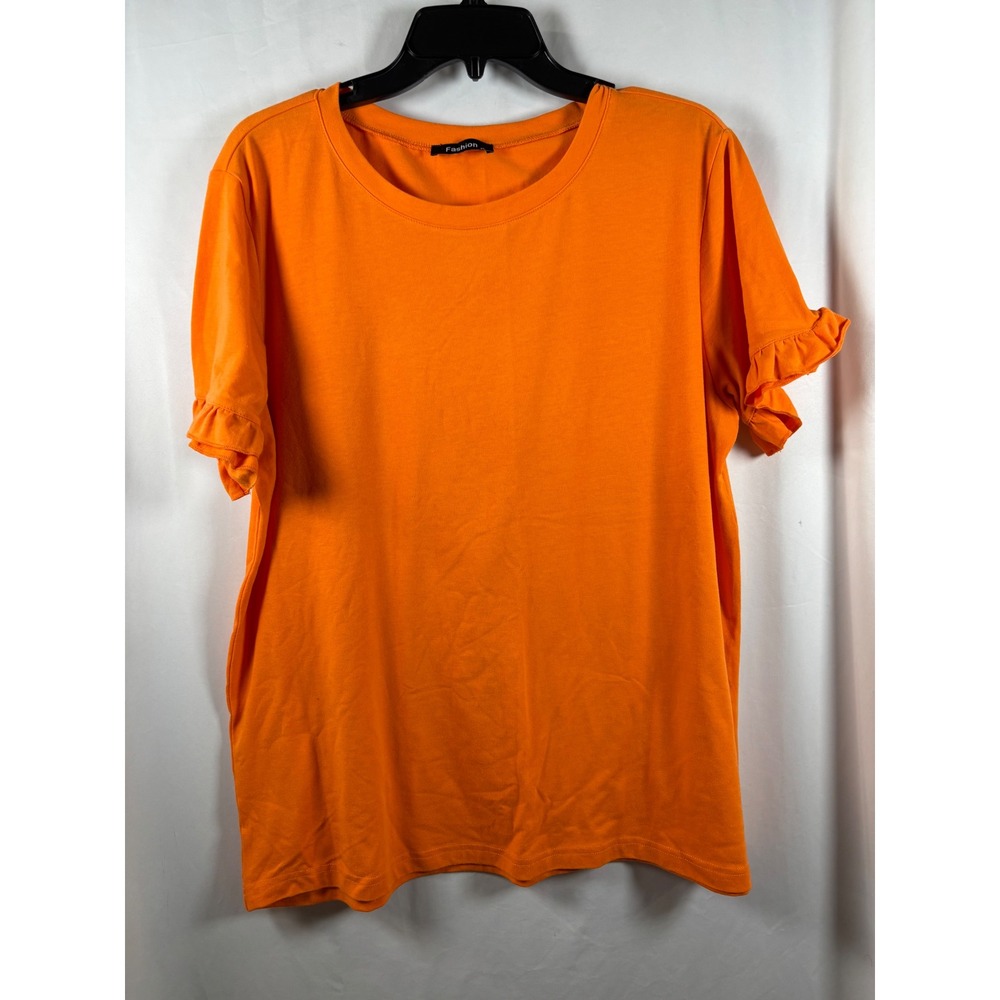 Fashion Womens XL Orange Ruffle Short Sleeve Crew Neck Casual Tee Top 7282